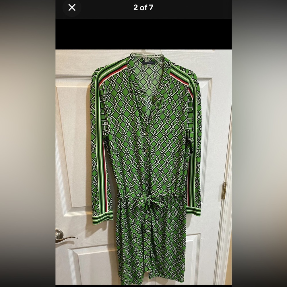 Tommy Hilfiger Womens Sz 12  Dress Geometric Long Sleeve Green Black Red, White
